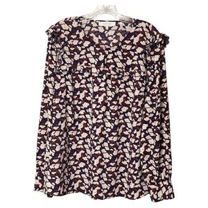 Lark & Ro Navy Floral Blouse with Ruffles